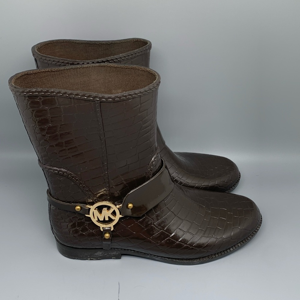 Michael Kors Fulton‎ Brown Embossed Croc Print Rubber Rain Boots Women's Sz 10